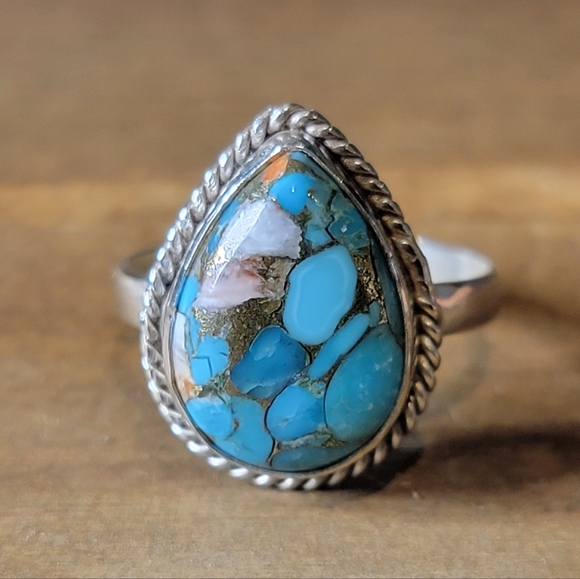 Native Jewelry - Native Spiny Turquoise Gemstone Ring Size  6 Sterling Silver Boho Womens Jewelry